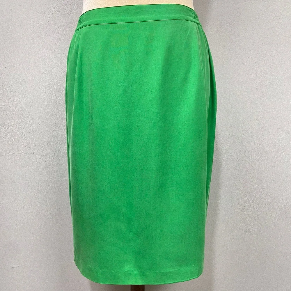 Vintage 80s Apart Skirt Suit Sz 16 Green Silk Power Bold Maximalist Matching Set